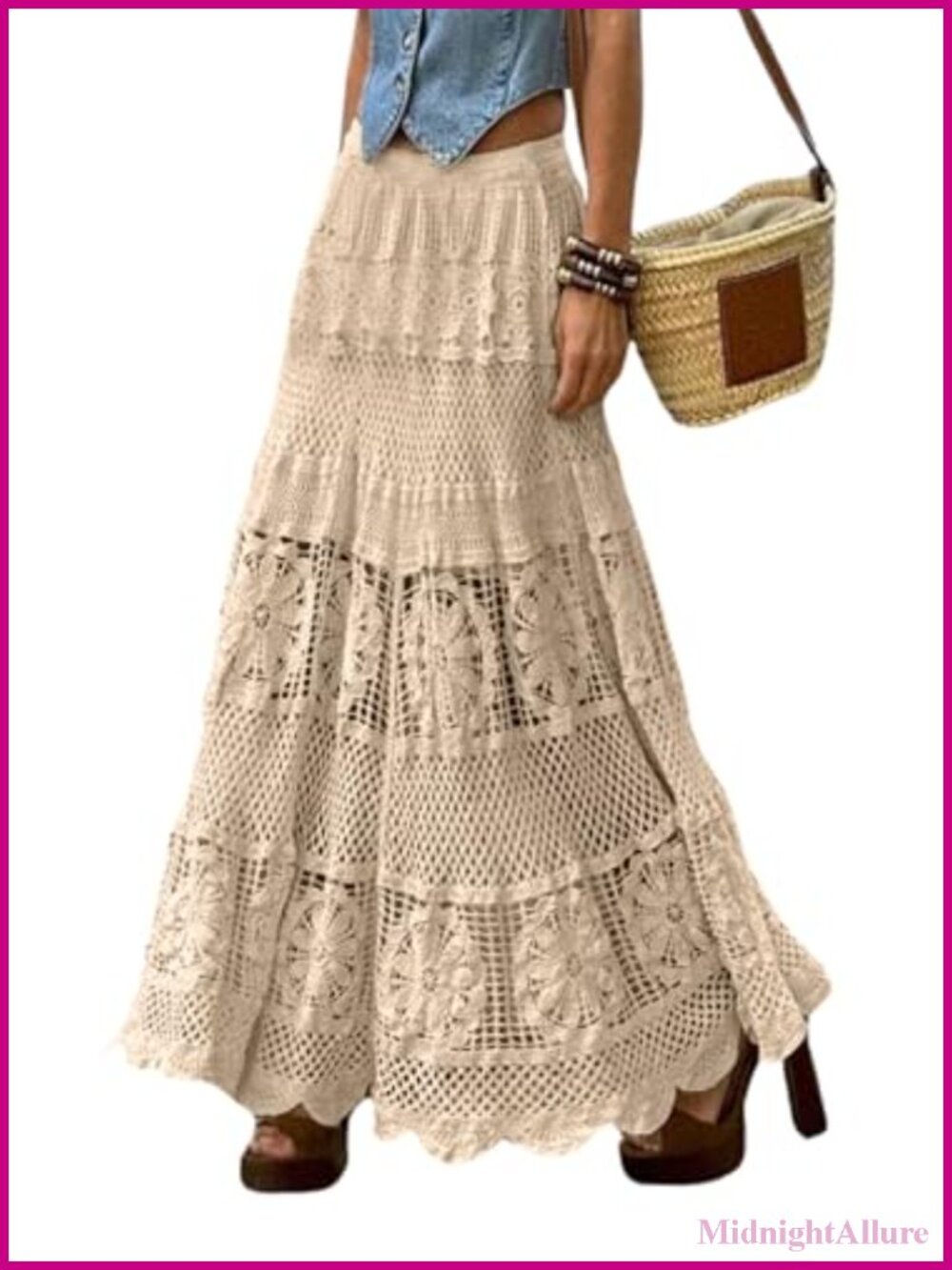 Women's Boho Maxi Skirt A-Line Flowy Lace Crochet Knit Hippie Eyelet Long Skirt